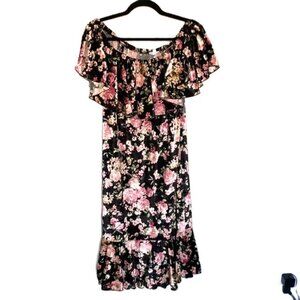 LuLaRoe Cici Mermaid Flounce Dress XL Floral Roses Velvet Pink Black Tan Green